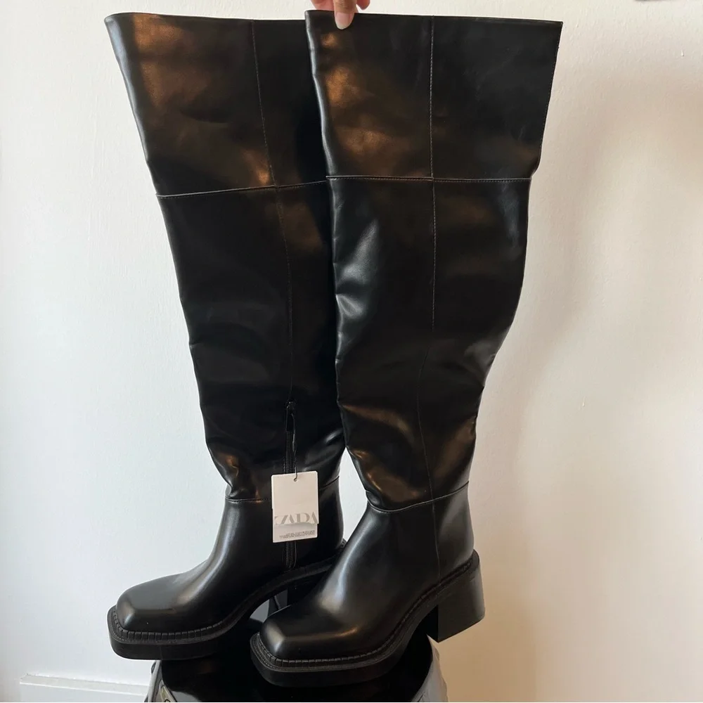 Zara Women’s 6 Extra Long Square Toe Black Boots Thigh High Over The Knee Combat